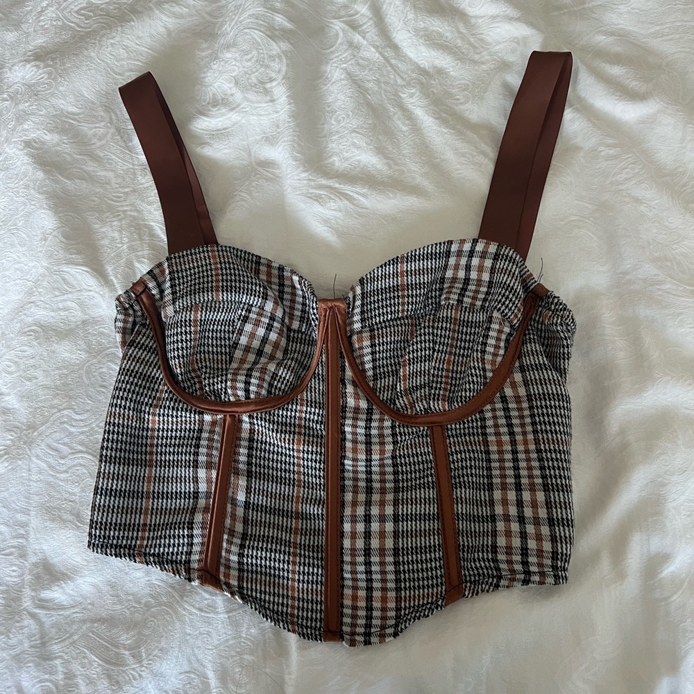 Plaid heart neck corset top